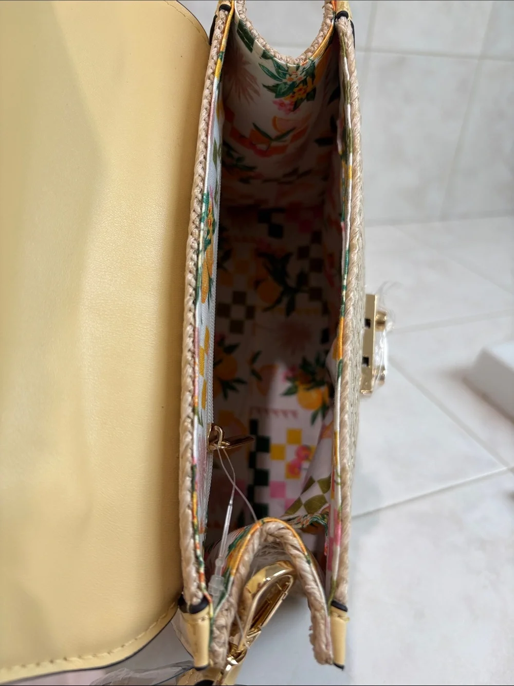 BCBG Generation Pineapple Straw Top-Handle Bag in Yellow with Crossbody Strap